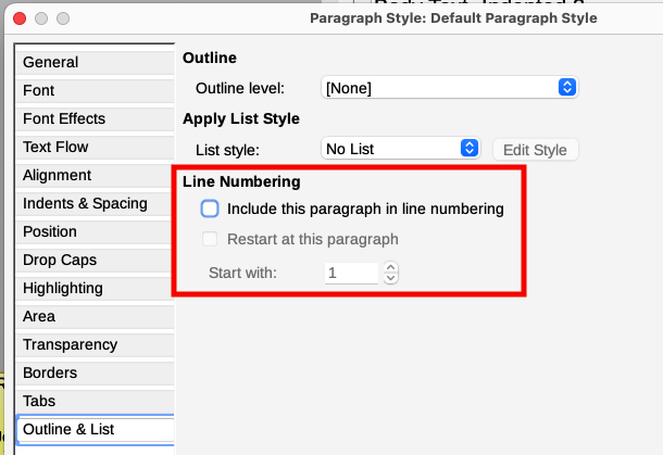 Disabling line numbering for a document