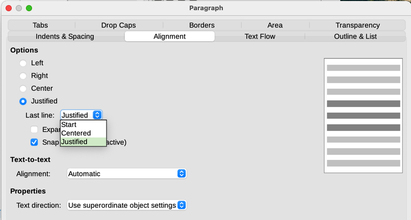 Options for the last line of a justified paragraph