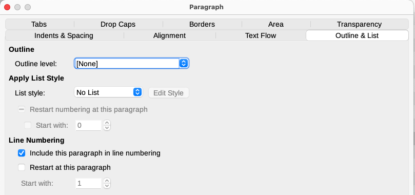 Selecting outline level, list style, and line numbering