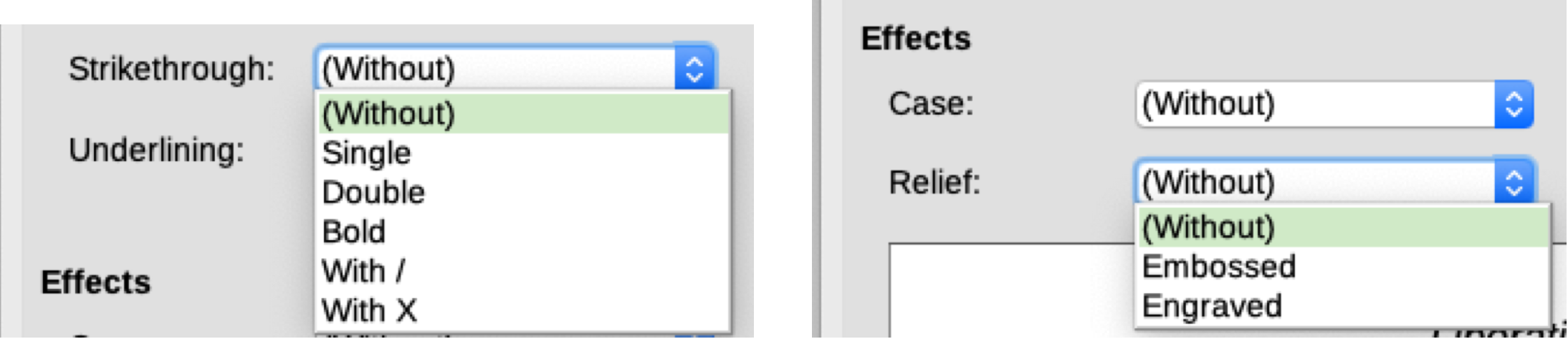 Choices for Strikethrough and Relief