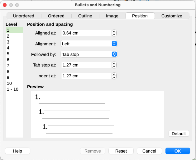 Position tab of the Bullets and Numbering dialog