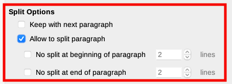 Split options on Text Flow tab of Paragraph dialog