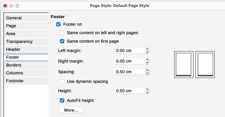 Footer tab of Page Style dialog