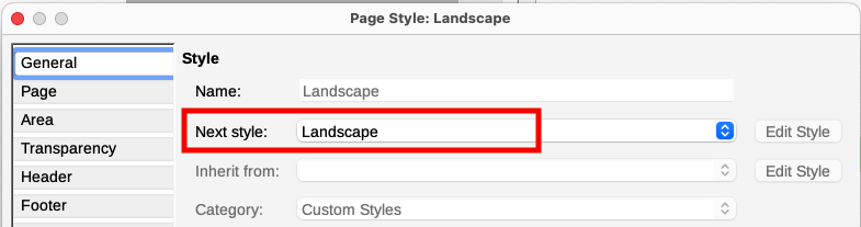 Set the next page style to Landscape