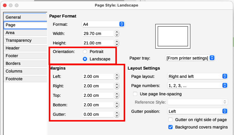 Set orientation and margins for a landscape page