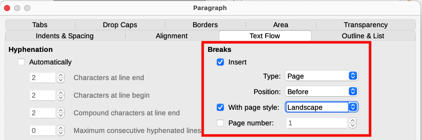 Specifying a page break before a paragraph