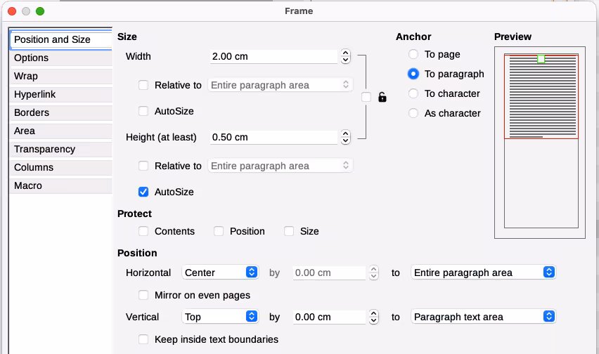 Frame dialog, Position and Size tab