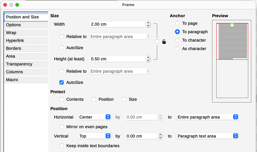 Frame dialog, Position and Size tab