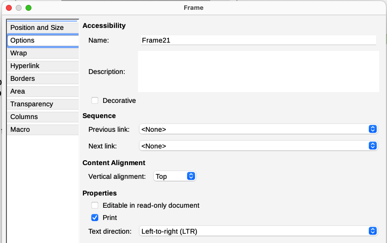 Options tab of the Frame dialog