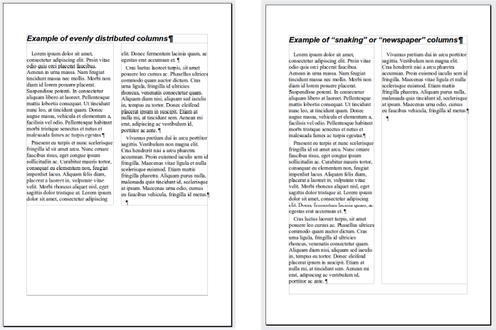 (Left) Evenly distributed columns; (Right) Newspaper-style columns