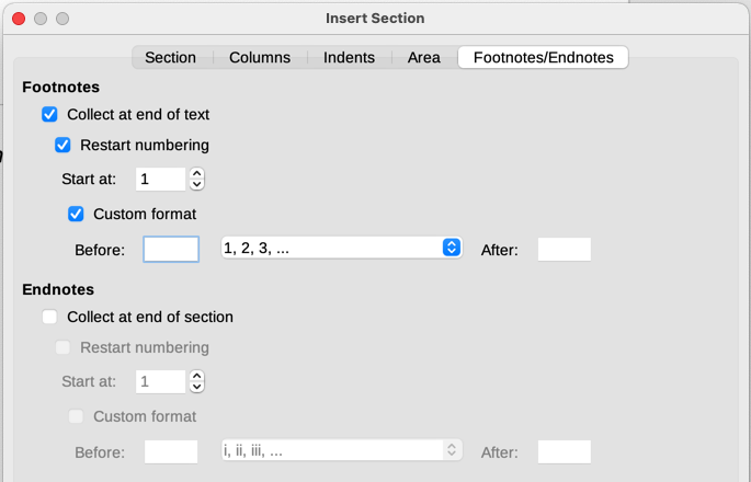 Setting footnotes and endnotes for sections