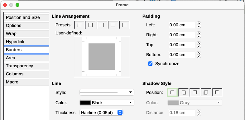 Frame dialog: Borders page