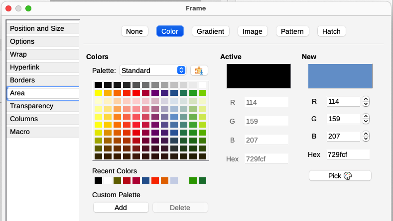 Frame dialog: Area page showing color choices