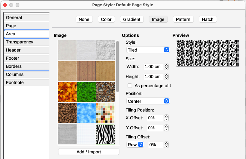 Page Style dialog: Area tab showing image choices