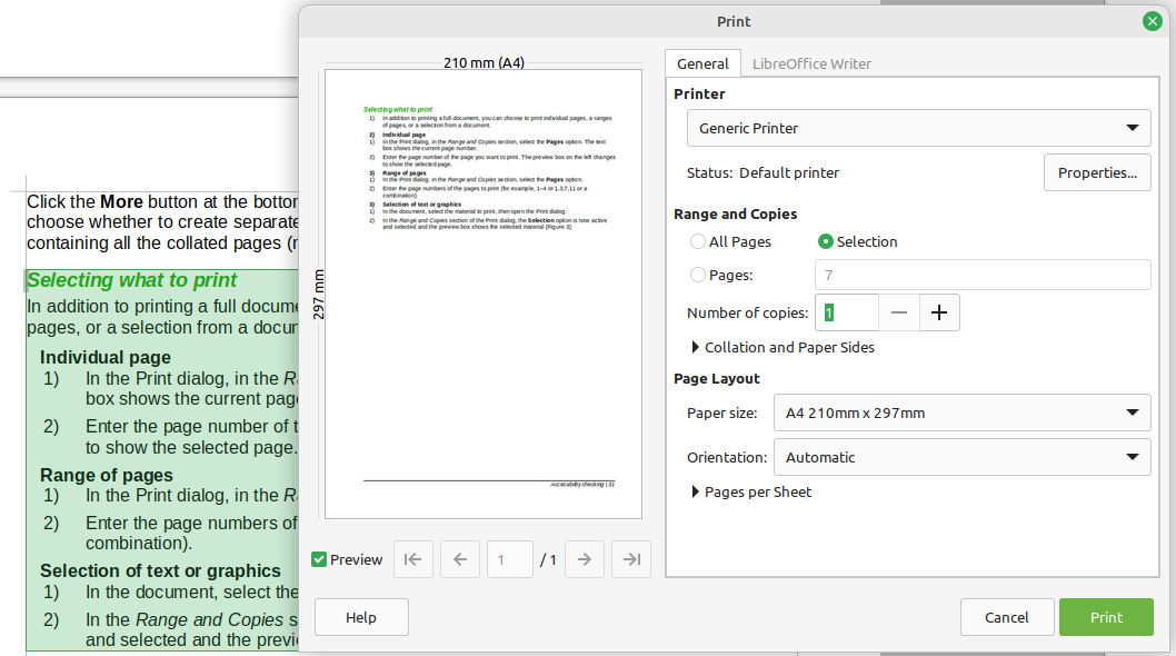 Printing a selection of text in Windows and Linux