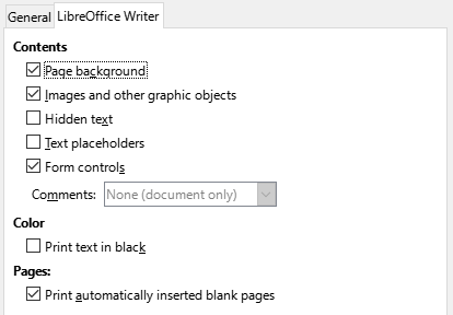 LibreOffice Writer tab of Print dialog