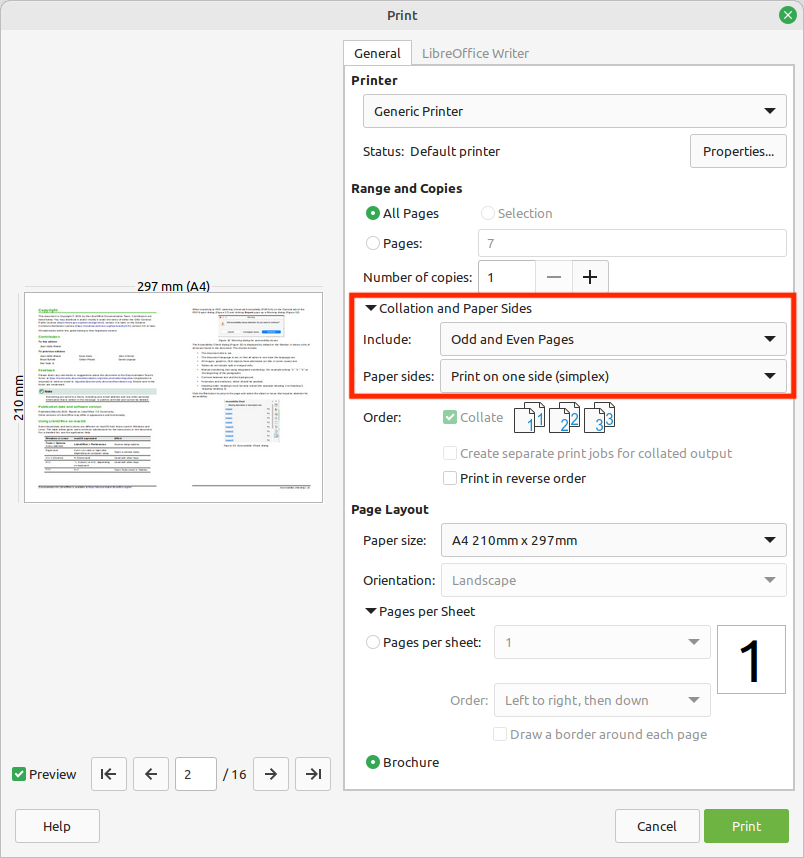 Settings for printing a brochure using Windows or Linux