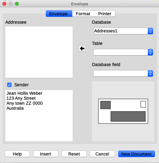 Choosing addressee and sender information for an envelope