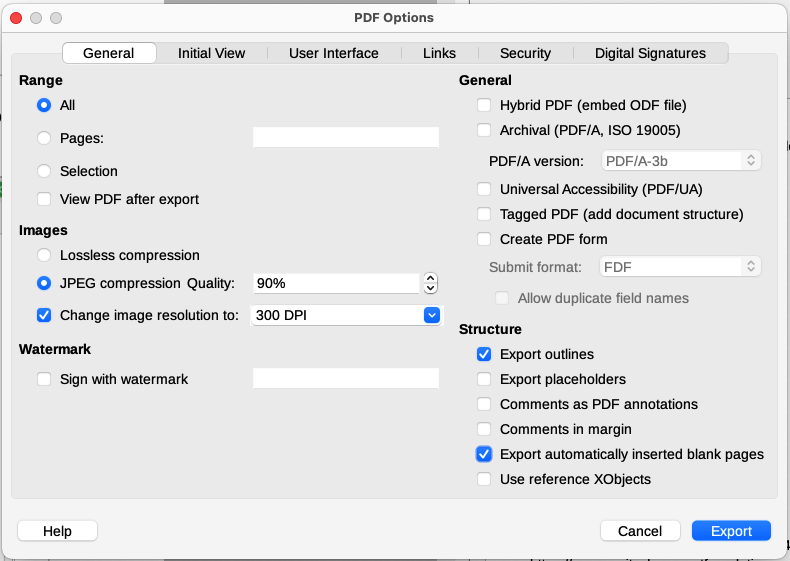 General tab of PDF Options dialog