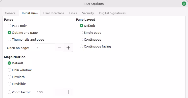 Initial View tab of PDF Options dialog
