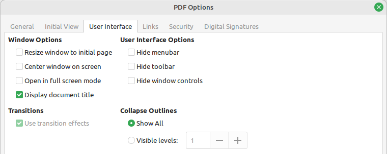 User Interface tab of PDF Options dialog