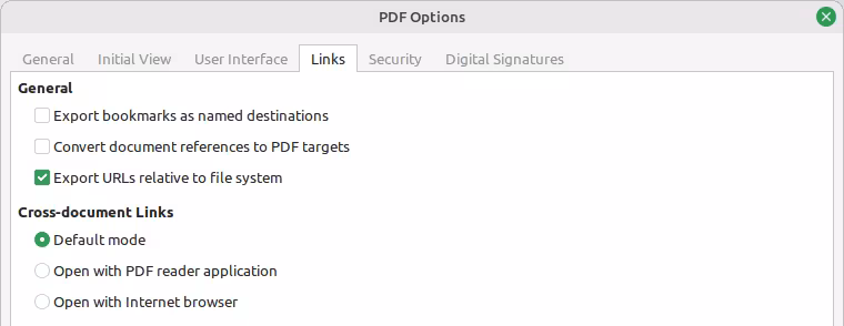 Links tab of PDF Options dialog
