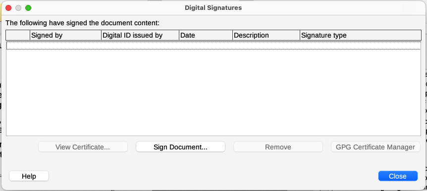 Digital signatures dialog