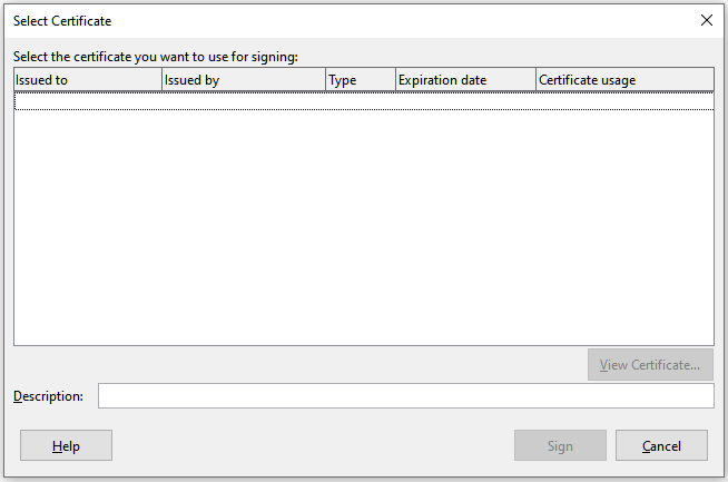 Select Certificate dialog