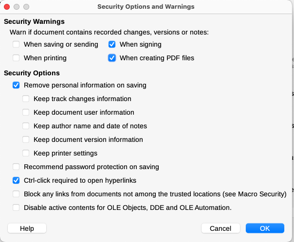 Set security options and warnings