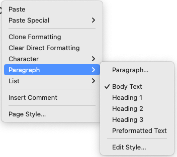 Context menu, Paragraph submenu