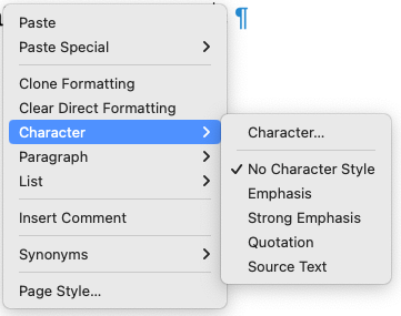 Context menu, Character submenu