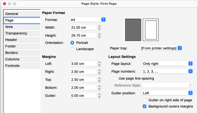 Setting page margins and layout for the First Page style