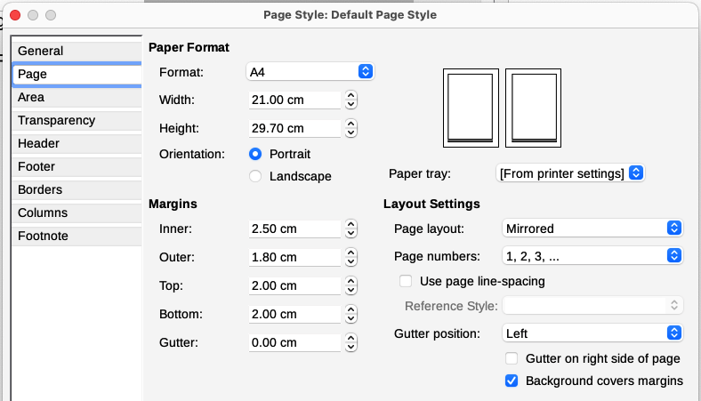 Setting page margins and layout for the Default Page Style