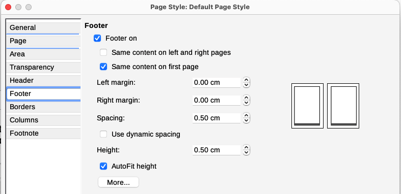 Setting the header properties for the Default Page Style