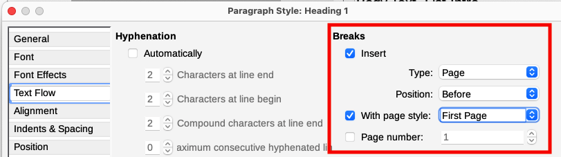 Setting a paragraph style to start on a page of a selected style