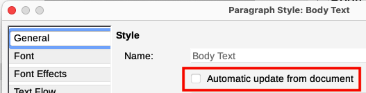 Automatic update option on the General tab of the Paragraph Style dialog