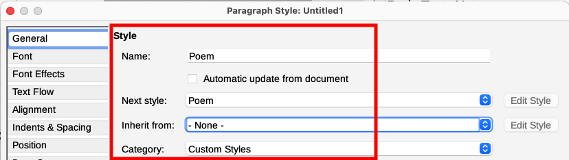 Initial configuration for the Poem style. Set the first three entries as shown.