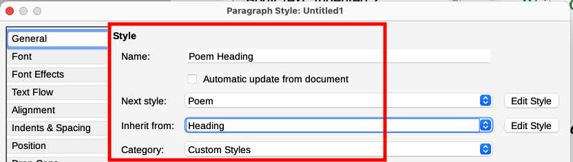 Settings for the Poem Heading style