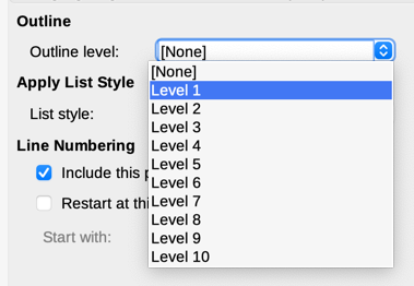 Specifying an outline level for a paragraph style