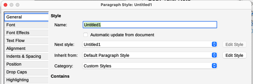 The General tab displayed when a new Paragraph style is created