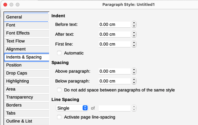 Settings on the Indents and Spacing tab of the Paragraph Style dialog