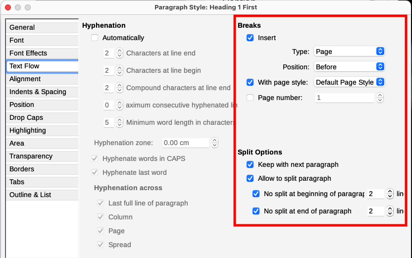 Text Flow tab of Paragraph Style dialog