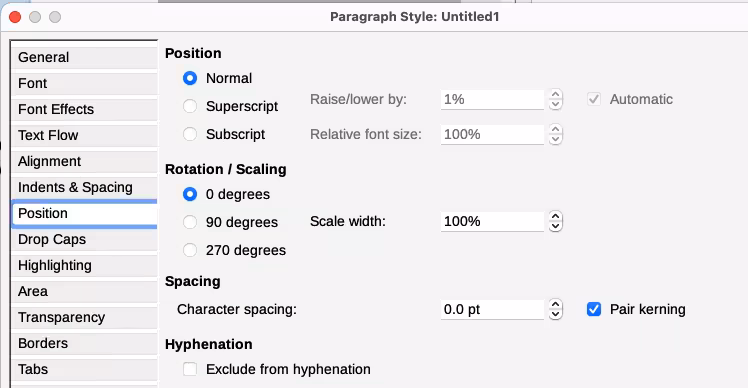 Position tab of the Paragraph Style dialog