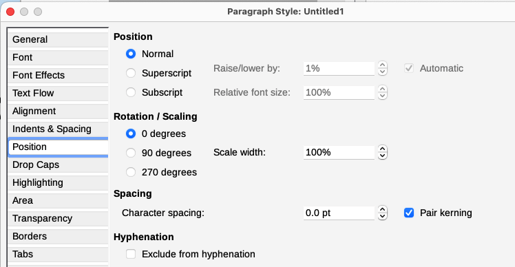 Position tab of the Paragraph Style dialog