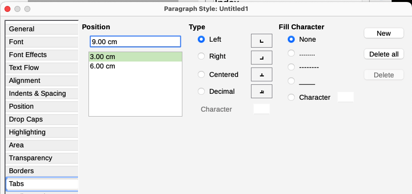 Specifying tab stops for a paragraph style