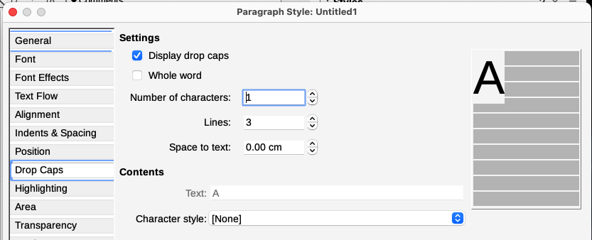 Options for adding a drop cap to a paragraph style