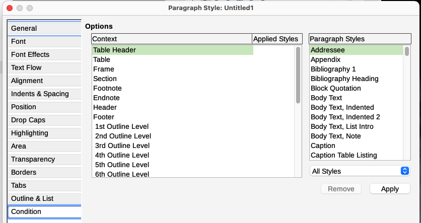 Condition tab for paragraph styles