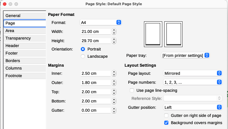 Page tab of Page Style dialog