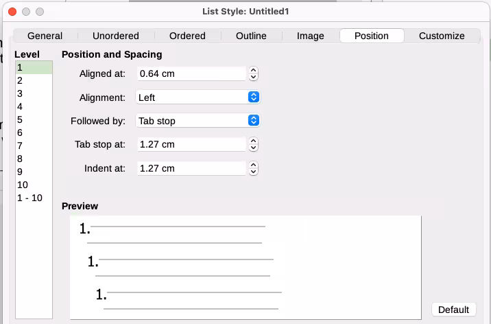 Position settings for a List style