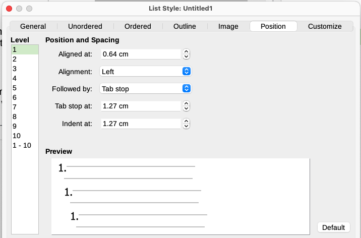 Position settings for a List style